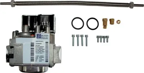 Gasventil von Wolf mit Montagezubehör. Enthält O-Ringe, Verbindungsteile und Schrauben. Eignet sich für Gasinstallationen.